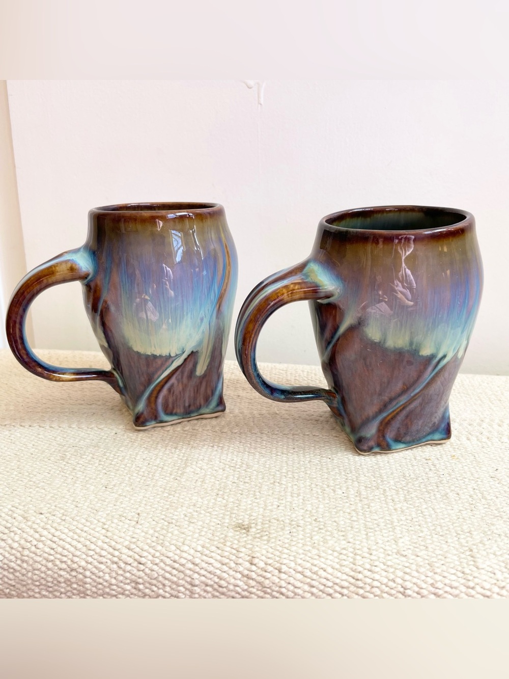 Bill Campbell Pottery Mug Set Studio Art Coffee Cup Blue Brown Drip Glaze Signed